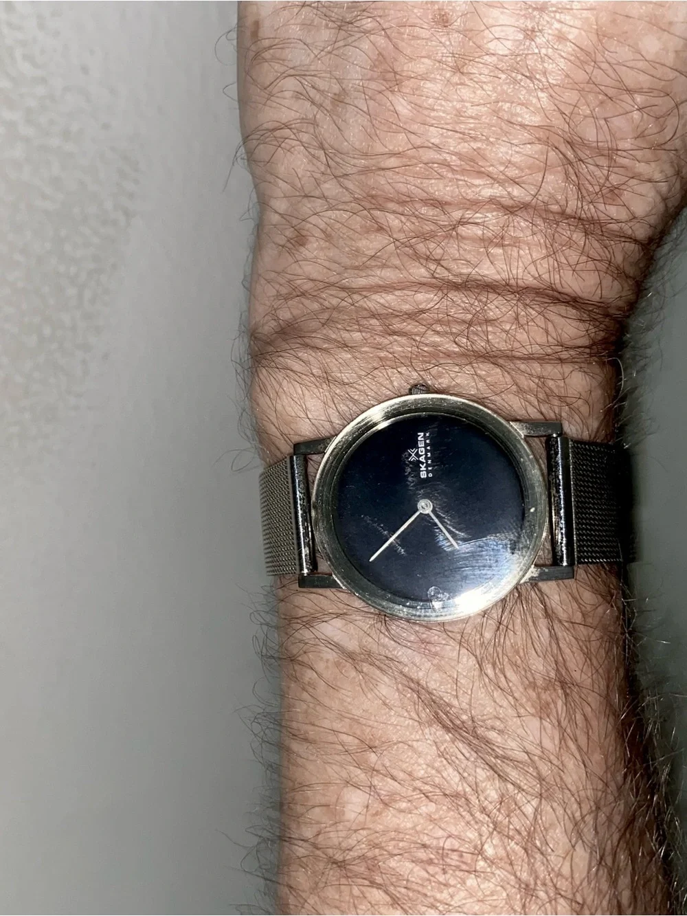Skagen Modern Unisex Silver Mesh Watch with Black Dial.